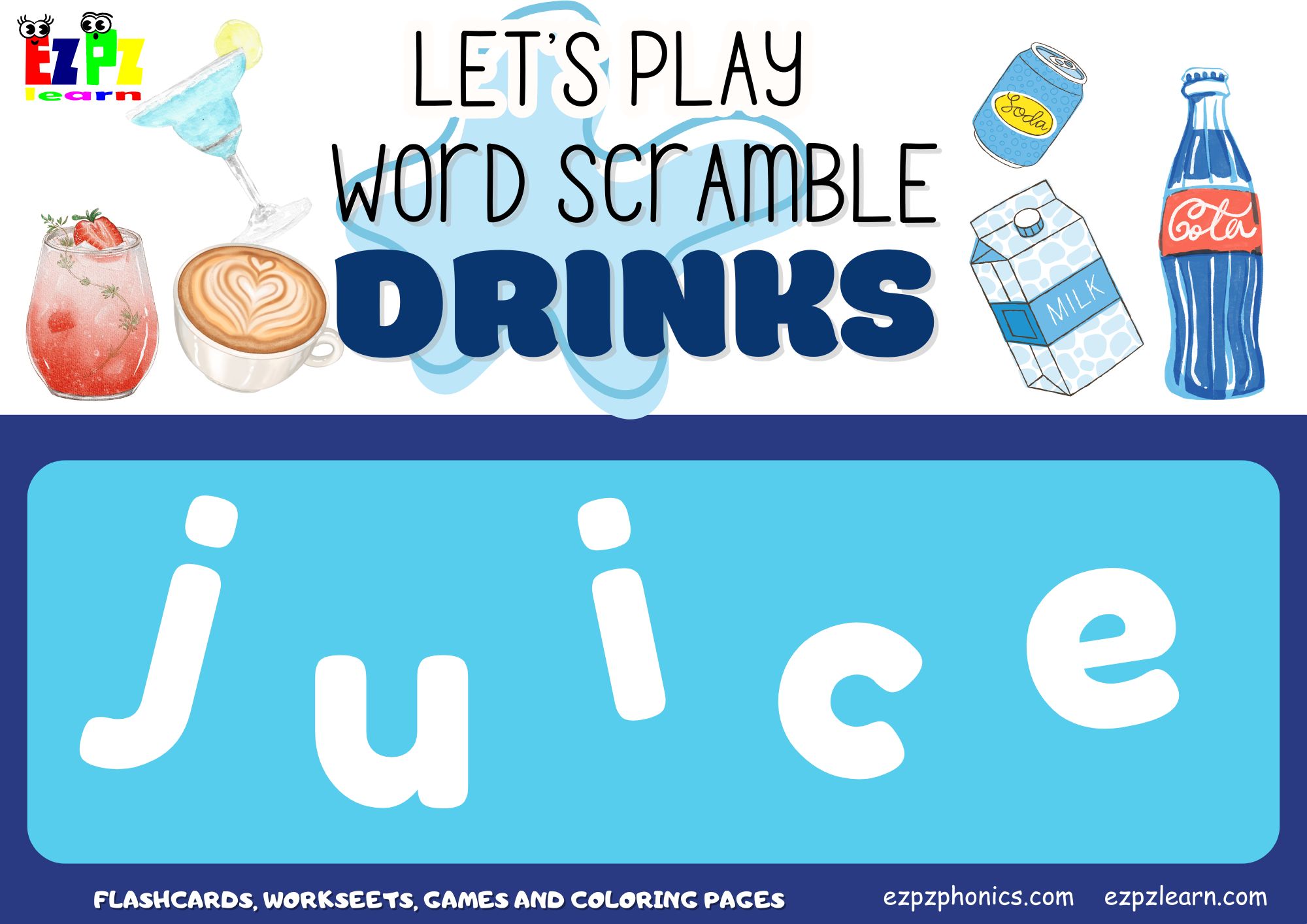 Drinks Vocabulary Word Scramble Guessing Game. Great for kids and English language learners. ESL Classroom